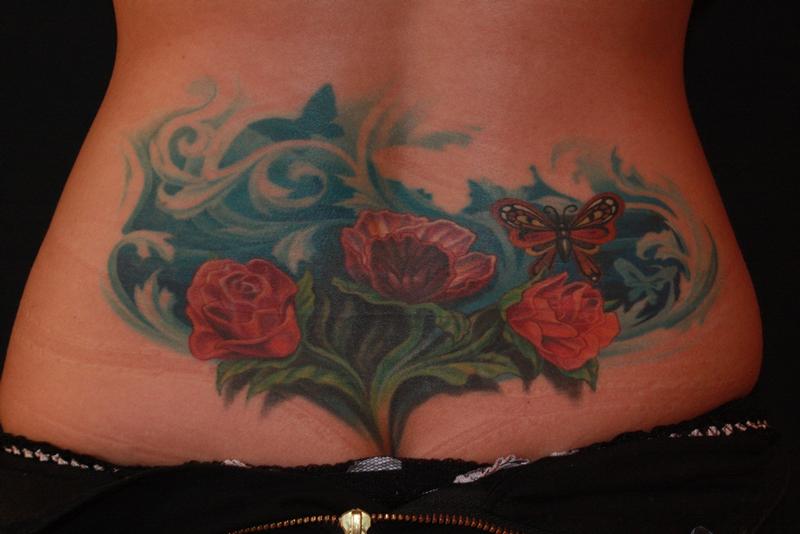 cover-up, feminen flower butterfly color by Dennis Wehler: TattooNOW