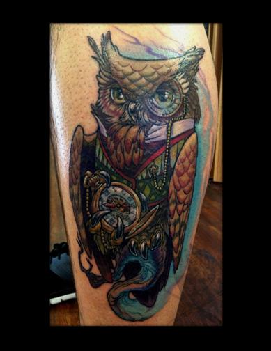 Tattoos - Gentleman Owl with Pocketwatch Tattoo - 68067