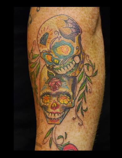 Tattoos - Sugar Skulls with Foliage Arm Tattoo - 68996