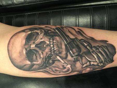 Tattoos - Damon Conklin Smoking skull Pistol  - 131237