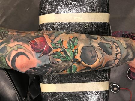 Tattoos - Damon Conklin Feather Rose and Skull - 131236