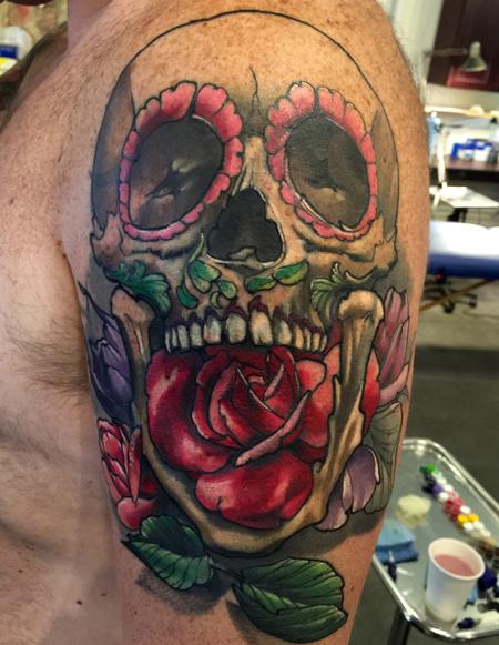 Tattoos - Damon Conklin skull and roses - 131239