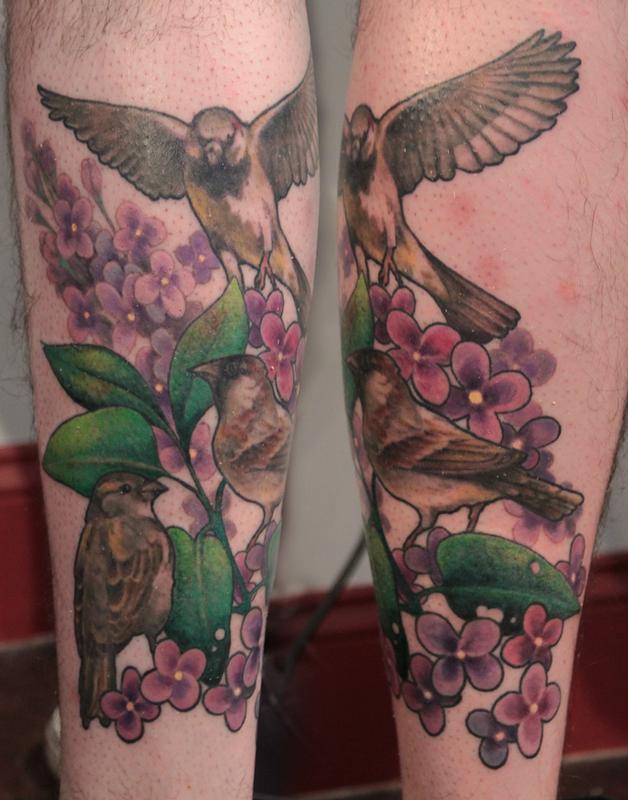 Sparrow Family and Flowers Tattoo by Gene Coffey: TattooNOW