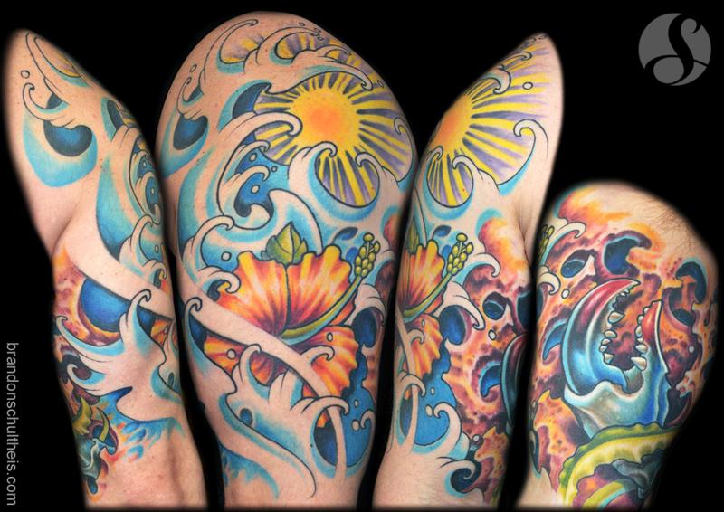Hibiscus, Waves, Coral & Crab Claw Tattoo by Brandon Schultheis: TattooNOW