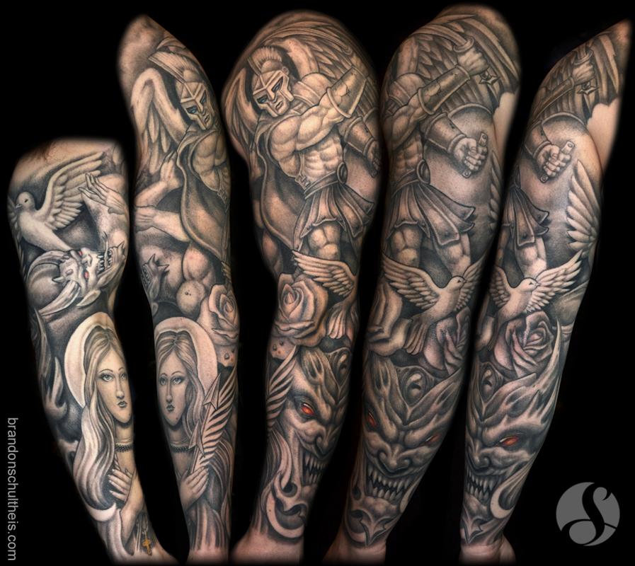 Good vs Evil leg sleeve by Ricky Borchert TattooNOW