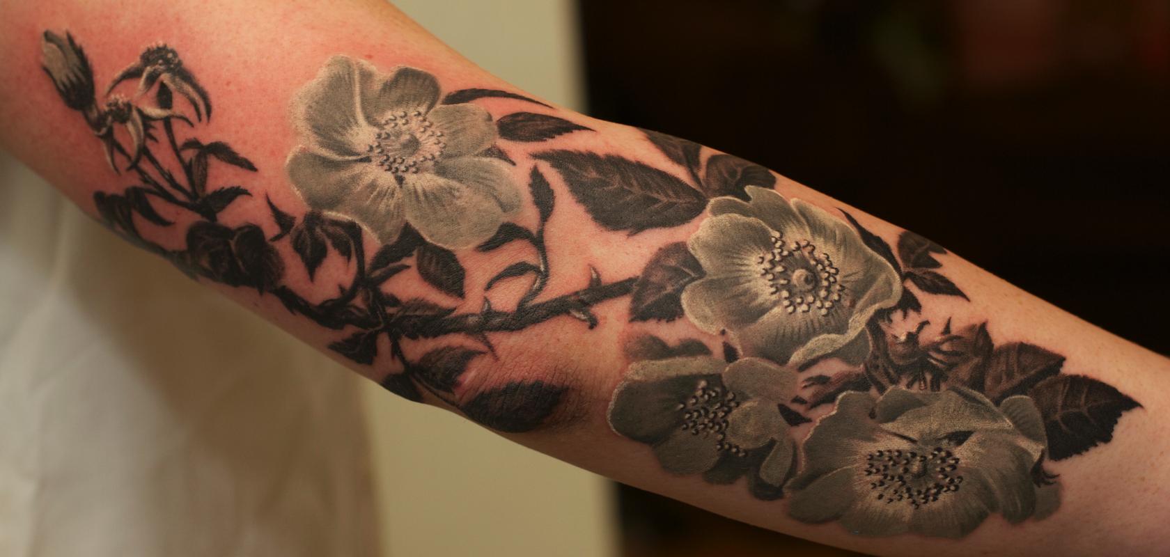 Painted Temple  Tattoos  Flower Vine  Shawn Monaco Roses  Black and Grey