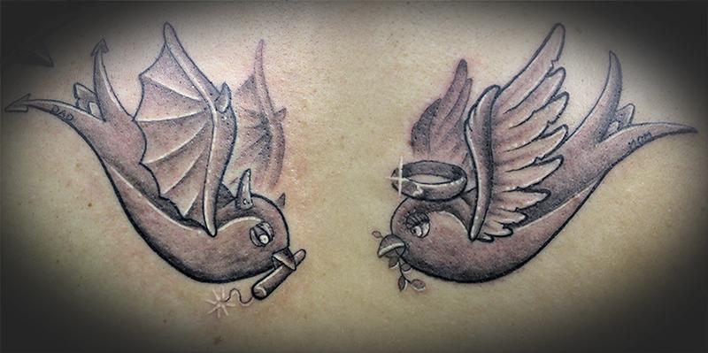 Angel/Devil Sparrows by Chad Newsom: TattooNOW Angel/Devil Sparrows by Chad Newsom: TattooNOW