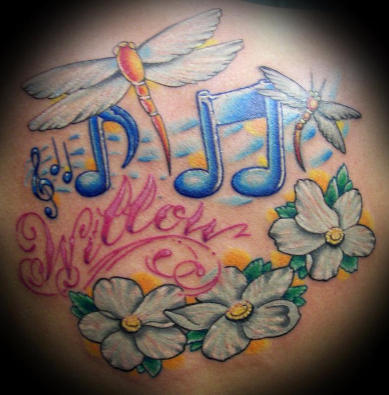 Name with Dragonflies and Music Notes by Jeff Stevens: TattooNOW