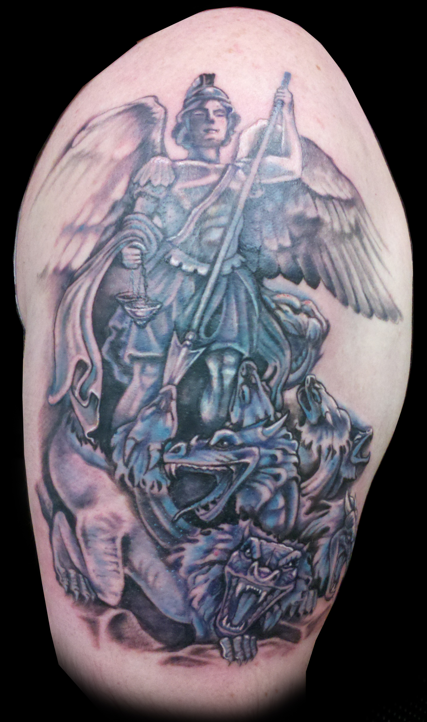 Chris' St. Michael Smiting the Devil by Amy Nicholls: TattooNOW