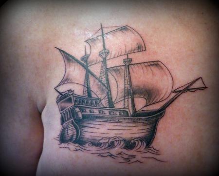 Tattoos - Black and Grey Ship Tattoo - 63964