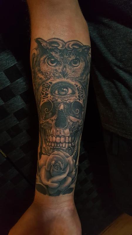 Tattoos - Black and Gray Owl, Skull, and Rose - 121709