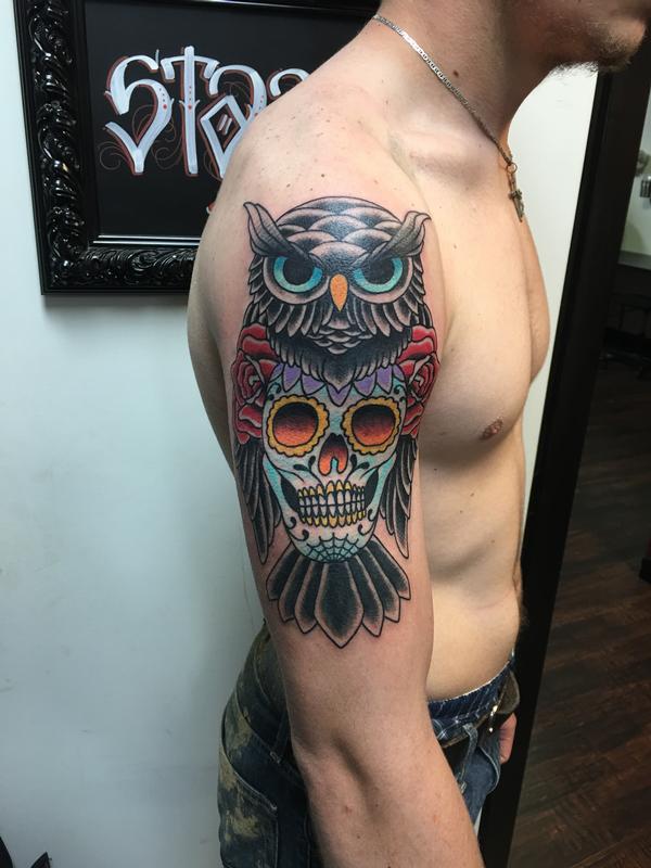 Owl Skull Tattoo by David Baran