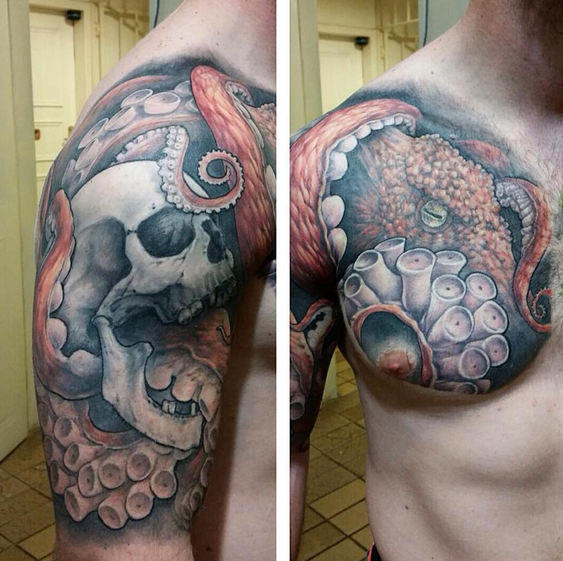 100 Realistic Black  White Octopus Skull Shoulder Tattoo Design png   jpg 2023