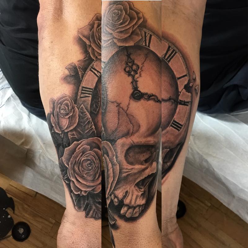 Skull, roses and clock by Edward Lott TattooNOW