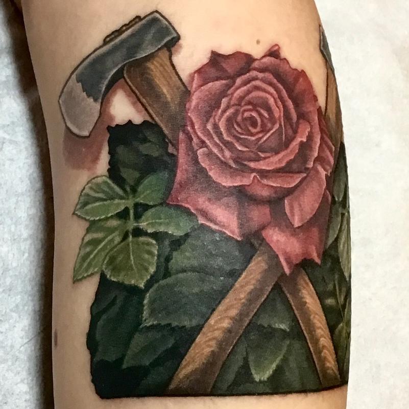 Oregon Timbers Logo axes and rose by Edward Lott: TattooNOW