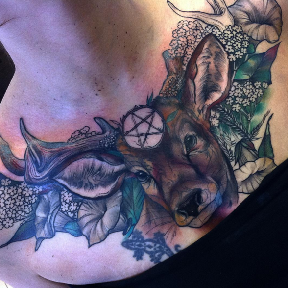 Fantasy Chest Belly Deer Tattoo by Kronik Tattoo