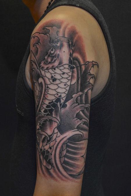 Tattoos - Black and Grey Koi Fish with Waves - 101294