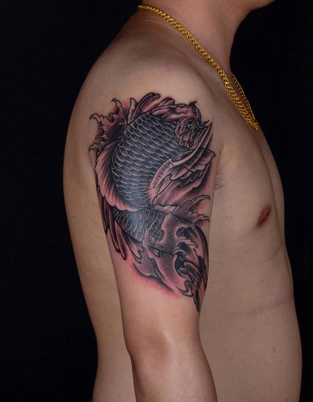 Tattoos - Black and Grey Fat Koi Fish with Waves - 101478
