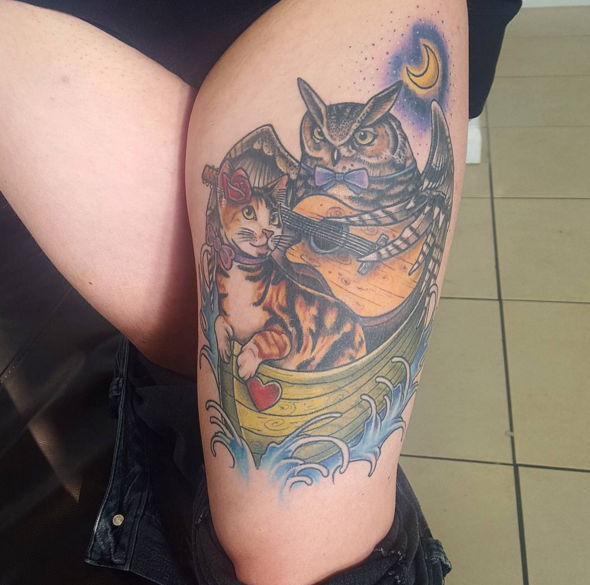 Owl and Cat Under the Moon Leg Tattoo by Kayley Jayne Warrington: TattooNOW