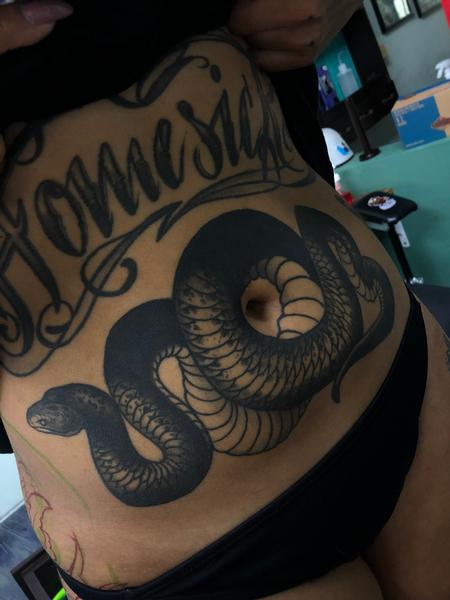 Tattoos - black snake stomach tattoo - 141749