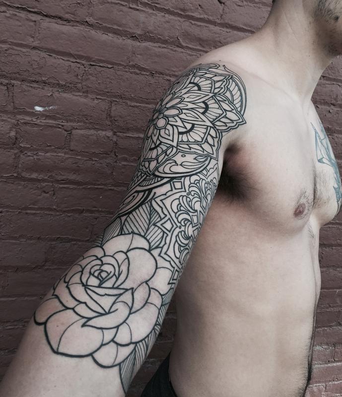 Rose and mandala half sleeve line work by Laura Jade: TattooNOW