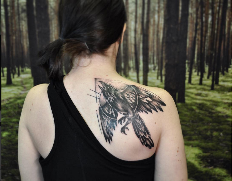 Feminine Raven Back Tattoo  TATTOOGOTO