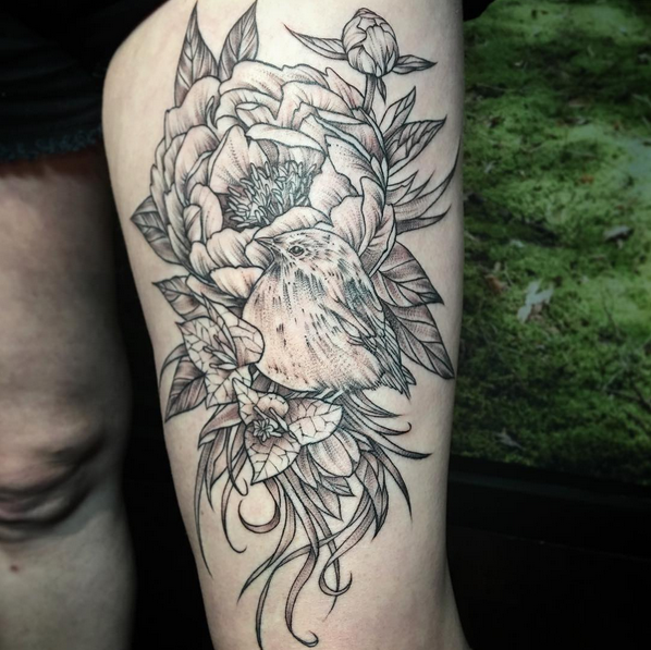 Bird Thigh Tattoo by Distinction Tattoo