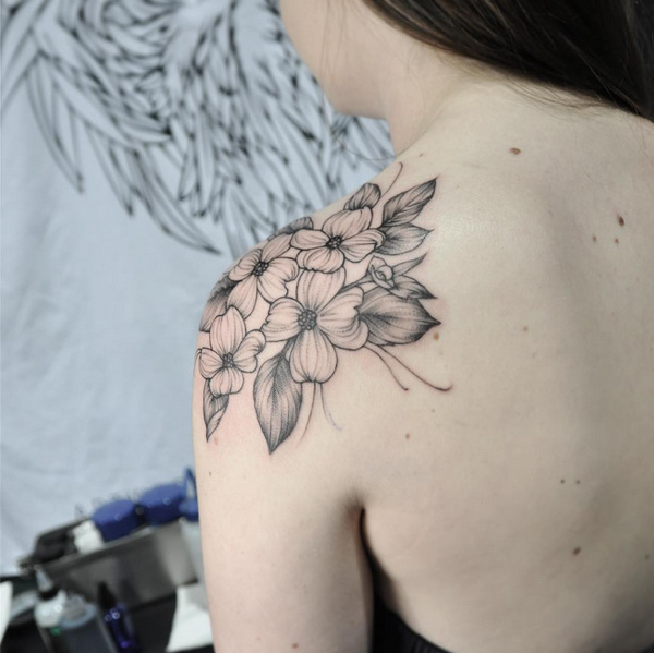 Dogwood flowers botanical tattoo  Dogwood tattoo Floral arm tattoo  Botanical tattoo