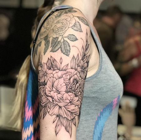 Crane and peony sleeve for Jaiden! Always an honour when a client returns,  and wants to go BIGGER 🙇‍♂️ 🙇‍♂️ Mostly healed with some small…