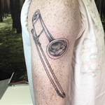 Tattoos - Dotwork Trombone on Arm- Instagram @michaelbalesart - 123114