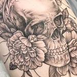 Tattoos - SKULL AND FLORAL ON THIGH. INSTAGRAM @MICHAELBALESART - 134140