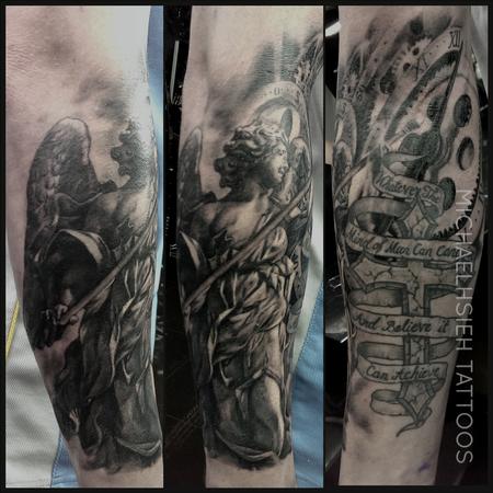 Tattoos - angel and clock. work around some old work (cross) - 99168
