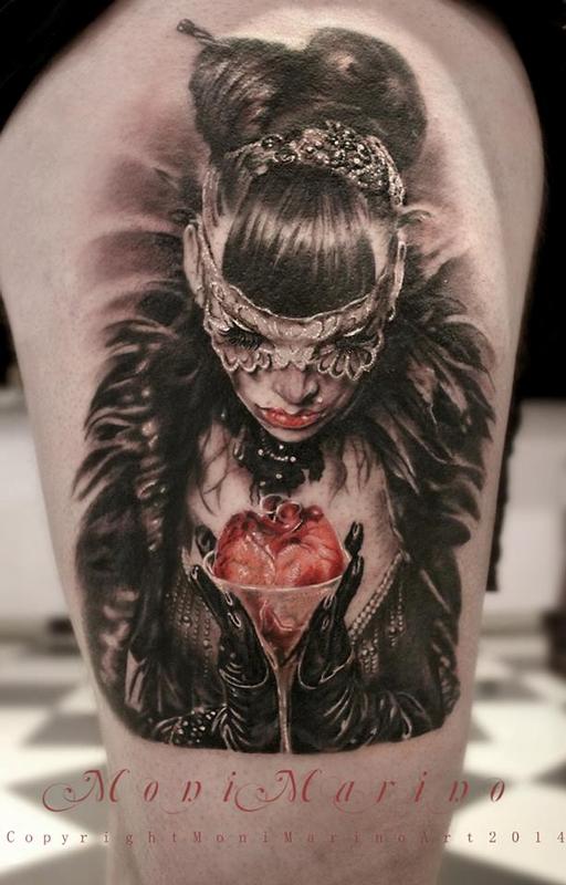 Masked Woman with Heart by Moni Marino TattooNOW