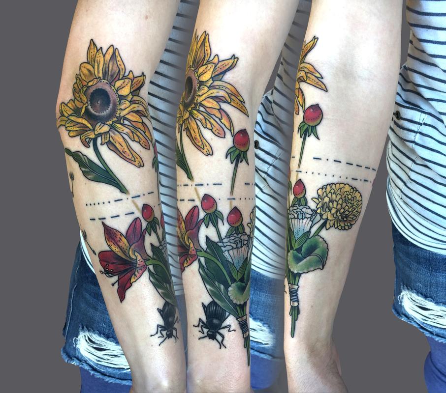 Floral Vintage Color Forearm with Morse Code by Nicole Laabs: TattooNOW