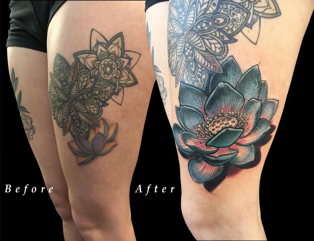 Lotus Flower Thigh Color Coverup by Nicole Laabs: TattooNOW