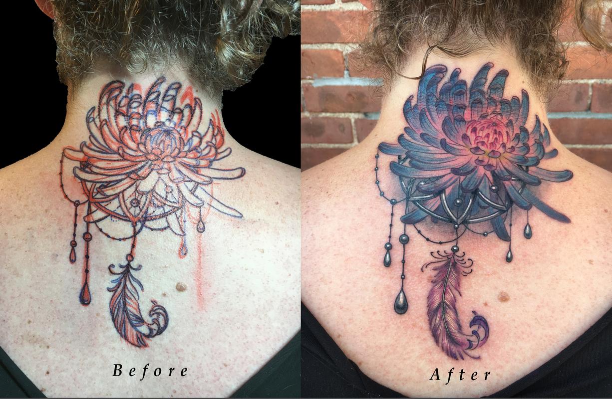 Back of Neck Lettering Cover Up with Chrysanthemum Flower and Ornamental feather by Nicole Laabs: TattooNOW