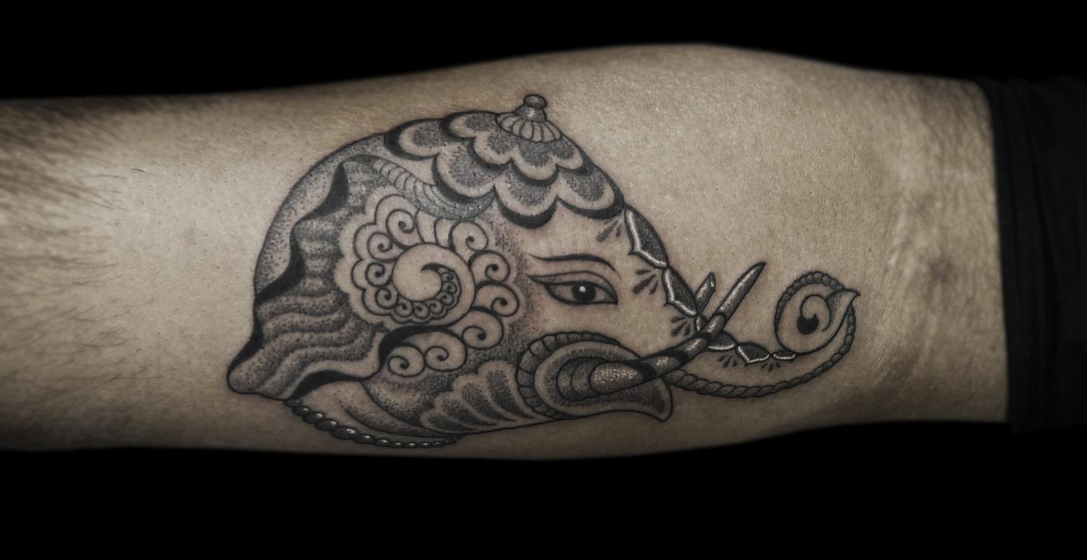 BONGO STYLE ELEPHANT  - PERSONALIZED STYLE COMBINING ELEMENTS OF  BENGALI/INDIAN FOLK ART RENDERED IN DOTWORK AND LINEWORK by Obi: TattooNOW