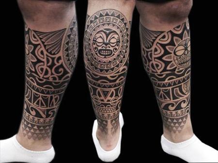 Tattoos - dotwork maori polynesian fusion leg sleeve tattoo - 109173