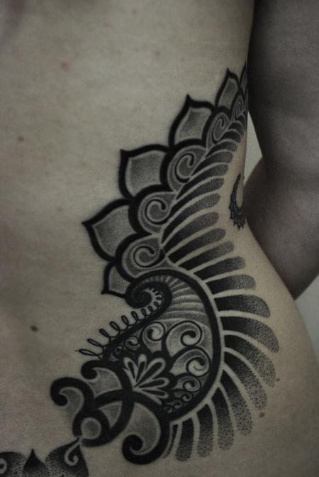 Obi - bongo style ornamental paisley dotwork linework tattoo