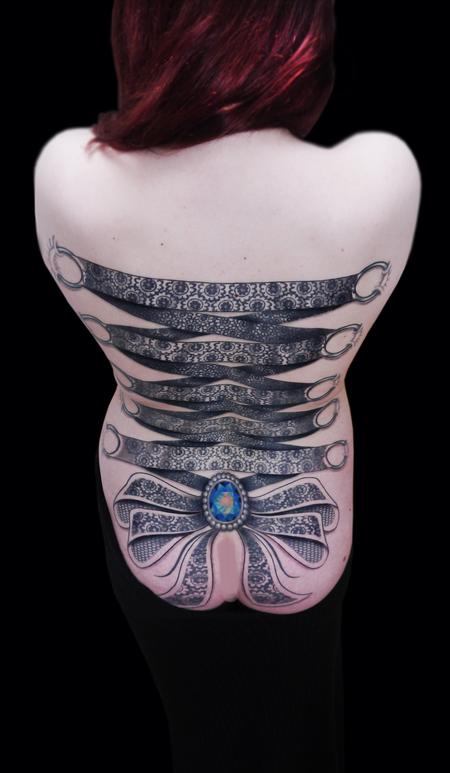 Tattoos - ornamental lace corset backpiece tattoo with crystal centre - 119001