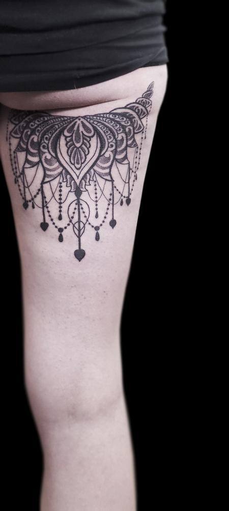 Tattoos - dotwork linework black and grey geometrical ornamental feminine tattoo  - 119444