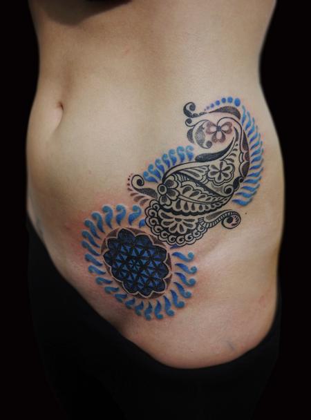 Obi - bongo style dotwork linework traditional indian custom paisley flower of life tattoo