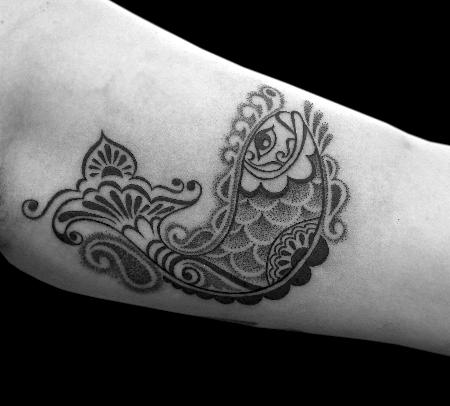 Tattoos - BONGO STYLE FISH TATTOO [ PERSONALIZED STYLE COMBINING ELEMENTS OF BENGALI /INDIAN FOLK ART] in dotwork and linework - 109075
