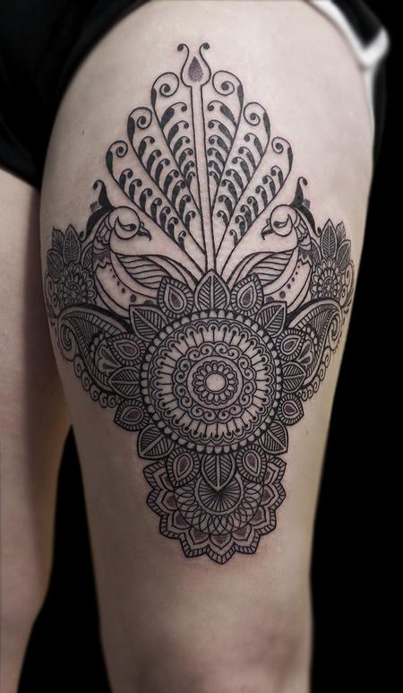 Tattoos - linework dotwork traditional indian style bongo style custom peacock mandala tattoo - 125764