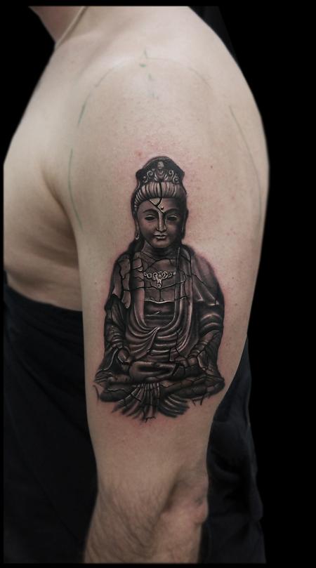 Obi - black and grey realistic broken sculpture buddha tattoo 
