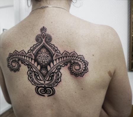 Obi - bongo style dotwork linework indian traditional back tattoo