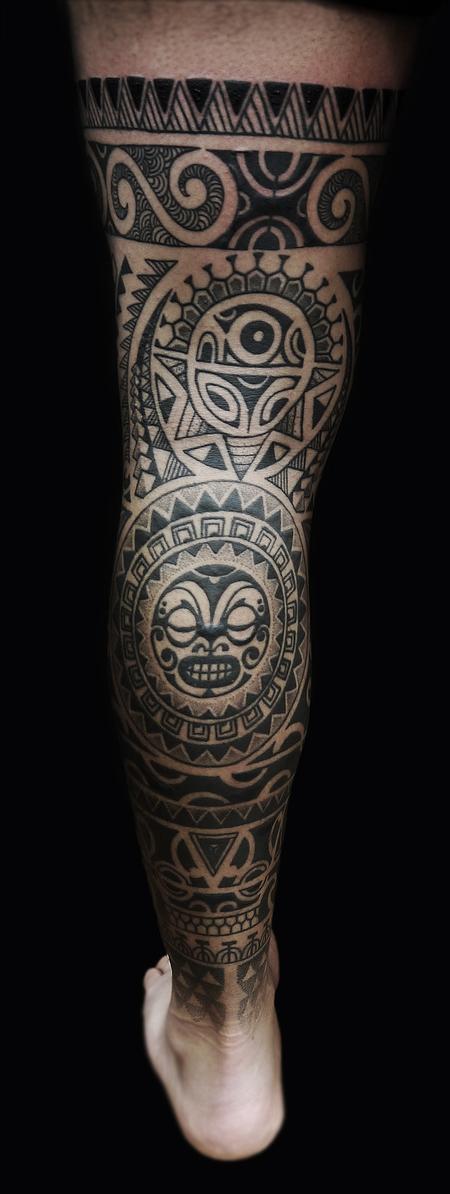 Tattoos - dotwork maori polynesian fusion leg sleeve 2 - 126121