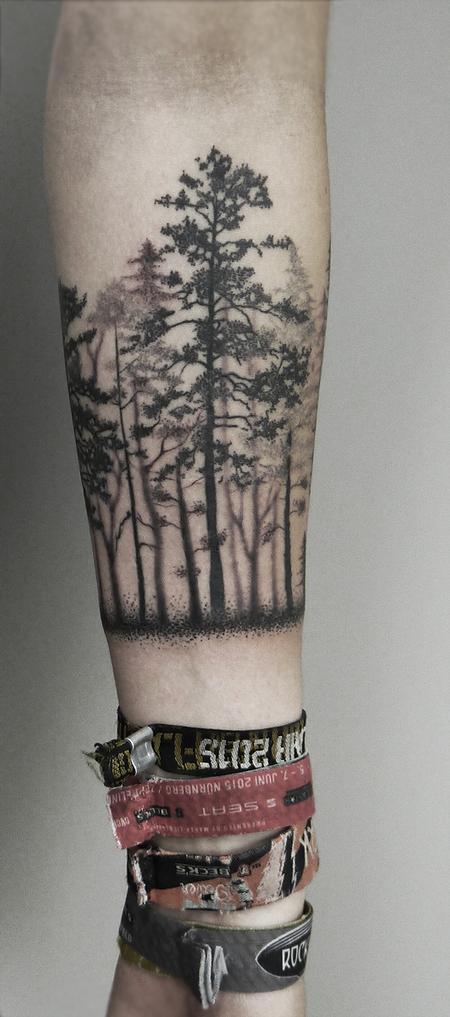 Obi - dotwork black forest canopy forearm tattoo