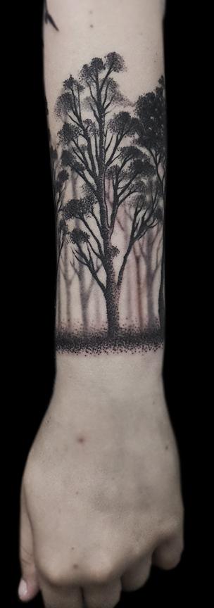 Obi - dotwork black forest canopy forearm tattoo