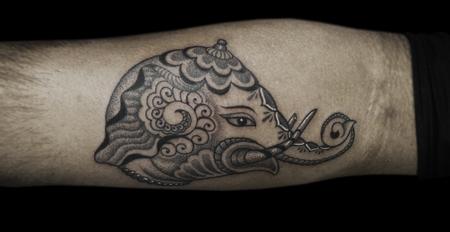 Tattoos - BONGO STYLE ELEPHANT NO.2 - PERSONALIZED STYLE COMBINING ELEMENTS OF BENGALI/INDIAN FOLK ART RENDERED IN DOTWORK AND LINEWORK - 109113